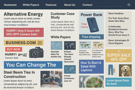 An example of a cluttered and confusing website design that overwhelms visitors.